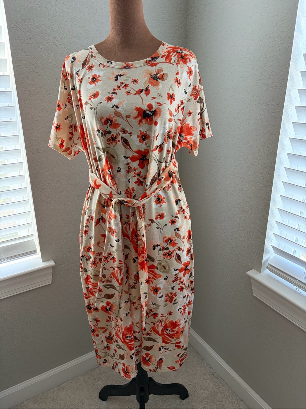 LuLaRoe Cream Midi Dress with Orange Floral Print